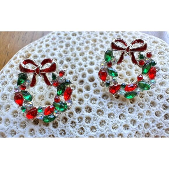 Christmas Wreath Earrings New Red Green Clear Crystals Posts Festive Bow… - Picture 6 of 12